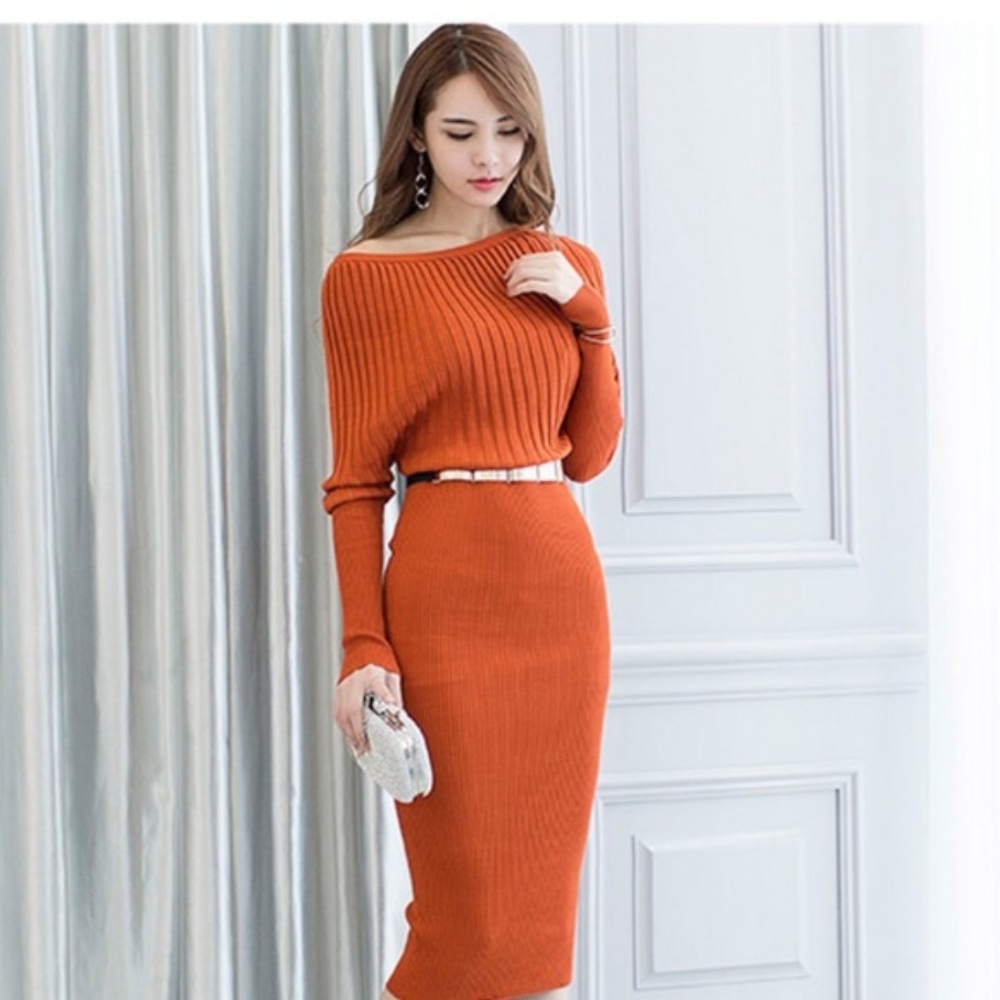 Restocked! Orange Ribbed Belted Knit Sweater Dress - Picture 2 of 8